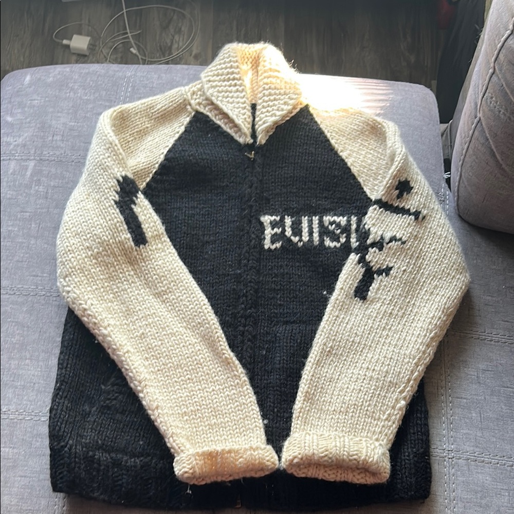 Pre owned Evisu Black and Cream Zip Up heavy 100% wool Sweater